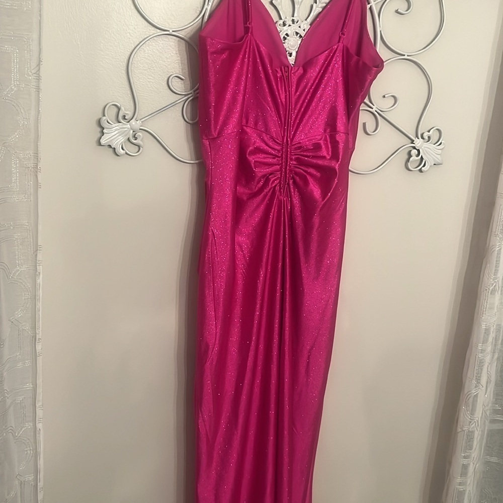 Honey and Rosie Spag Strap V-Neck Ruched Slit Glitter Satin Long Dress size XL - Picture 12 of 13